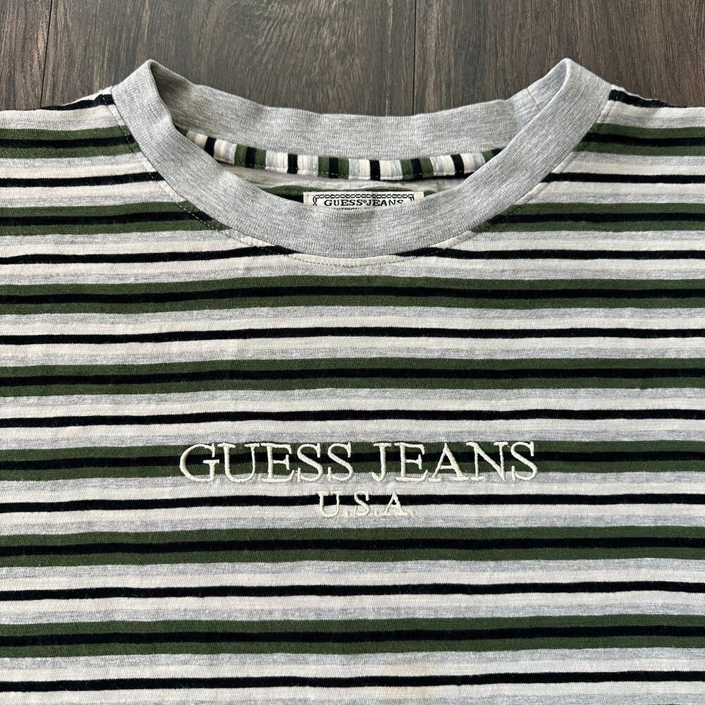 Vintage Guess Jeans Striped Short Sleeve Shirt Green Gray Embroidered logo Sz XL - Picture 3 of 4